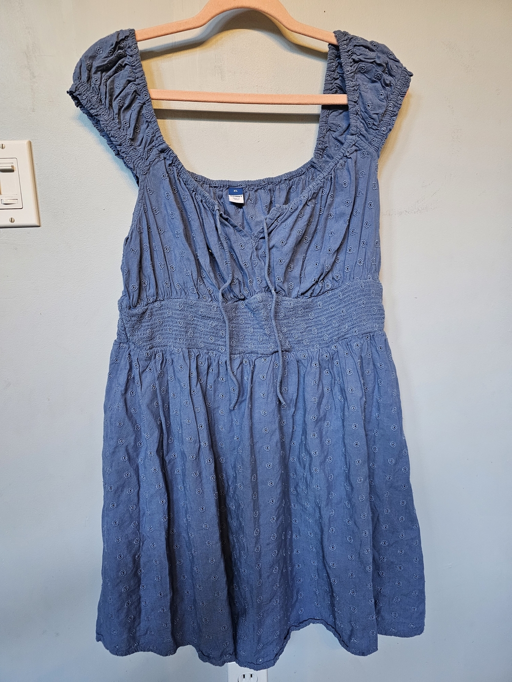 Old Navy Blue Eyelet Babydoll Mini Dress XL Smocked Waist Cottagecore Summer